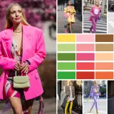 Inspiration pour associer couleurs vêtements : looks audacieux en rose vif, jaune, vert, violet et bleu. Palette de couleurs vives pour des tenues éclatantes.