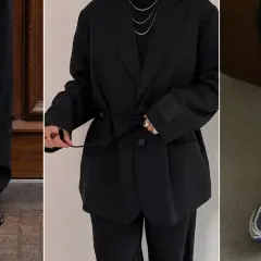 Un costume noir élégant, porté avec une basket, pour un look moderne et décontracté.