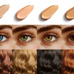Échantillons de fond de teint, yeux aux couleurs variées (bleu, vert, noisette, marron) et mèches de cheveux (roux, blond, brun, auburn), évoquant la couleur du printemps.