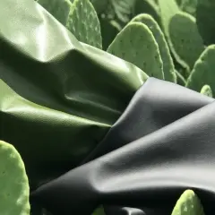 Deux échantillons de cuir végétal, vert et noir, drapés sur des feuilles de cactus.