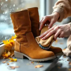 Une astuce de grand-mère pour nettoyer le daim : des bottes marron sont brossées avec un chiffon doux et une brosse.