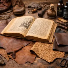 Livre ancien ouvert sur des peaux de cuir, outils et flacons. Une scène évoquant l'histoire du cuir et de son travail artisanal.