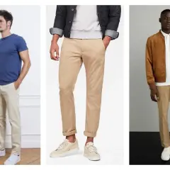 Trois hommes portent un chino camel. Le premier avec un t-shirt bleu, le deuxième avec une veste en jean et un sweat, le troisième avec une veste bomber marron.