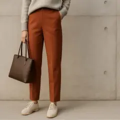 Pantalon couleur tan, pull gris, sac marron et chaussures beiges. Un look chic et décontracté.