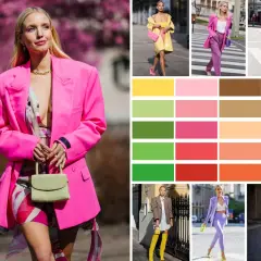 Inspiration pour associer couleurs vêtements : looks audacieux en rose vif, jaune, vert, violet et bleu. Palette de couleurs vives pour des tenues éclatantes.