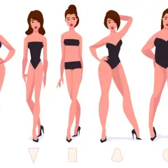 Cinq femmes aux formes variées, chacune portant un maillot de bain noir, illustrent différents types de silhouettes féminines.