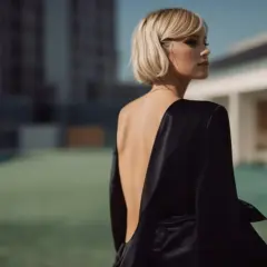 Une femme blonde porte une élégante robe collant noir, le dos nu, dans un décor urbain moderne.