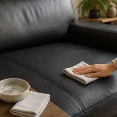 Main d'une personne nettoyant un canapé en simili cuir noir avec un chiffon. Un spray et un bol de savon sont à proximité, suggérant une méthode de nettoyage naturel, comme avec du bicarbonate.