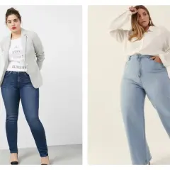 Trouver quel jean quand on a des hanches et des cuisses : un jean slim bleu foncé et un jean large bleu clair, deux options flatteuses.