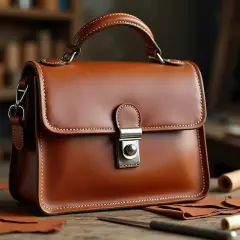 Sac à main en cuir marron, sur une table en bois avec des chutes de cuir et des bobines de fil. Un aperçu de la liste des tanneries en France.