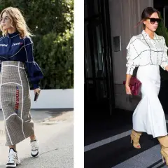 Deux femmes montrent quelles chaussures avec une robe longue automne : baskets stylées ou bottines élégantes.