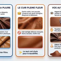 Test de pliure, cuir pleine fleur et sens : visuel, toucher, odeur. La qualité cuir se révèle par sa souplesse et son grain naturel.