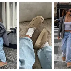 Trois looks pour savoir comment porter des mules UGG avec style : jean large, blazer et sac chic, ou chaussettes douillettes pour un confort maximal.