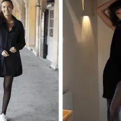 Deux femmes portent des tenues noires, l'une avec une robe chemise et des collants noirs opaques, l'autre avec une robe sans manches et des collants scintillants.