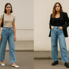 Deux femmes portent un jean wide leg. Ce style de jean convient à toutes les morphologies, allongeant la silhouette.