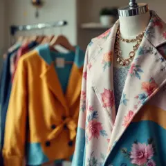 Manteau fleuri sur mannequin, avec un collier doré. Un autre vêtement jaune et bleu est visible derrière. La couleur complémentaire du vêtement est bien choisie.