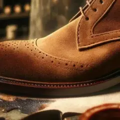Gros plan sur une chaussure richelieu en daim marron, prête pour une teinture. Le savoir-faire artisanal est visible.