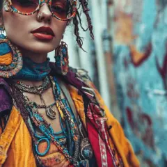 Une femme au style bohème audacieux, avec des lunettes colorées et de grosses boucles d'oreilles. C'est pas facile d'avoir du style, mais elle y arrive !