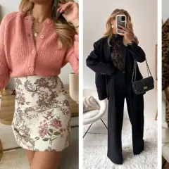 Idées de tenues pour Noël femme : tailleur gris, robe fleurie, tailleur noir chic, ou manteau léopard.