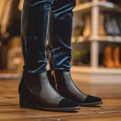 Quelle chaussure avec pantalon velours femme ? Ces bottines noires et bleues s'accordent parfaitement avec un pantalon en velours bleu nuit.