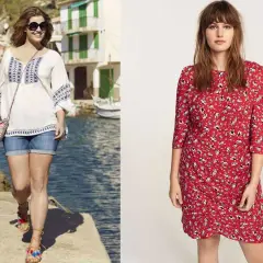 Comment s'habiller l'été quand on est ronde : une femme en tenue décontractée avec un top brodé et short en jean, une autre en robe d'été rouge à fleurs.