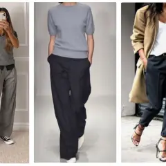 Trois looks pour savoir comment s'habiller pour être féminine : pantalon large, pull gris, manteau camel. Chic et décontracté.
