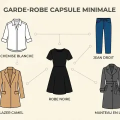 Un guide pour s'habiller stylé avec une garde-robe capsule minimale : chemise blanche, robe noire, jean, blazer camel et manteau en laine.