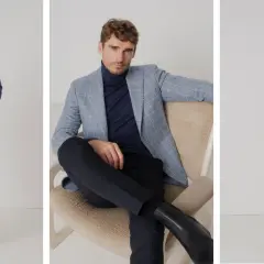 Trois hommes présentent des tenues élégantes pour savoir comment s'habiller au travail : veste bleue, blazer à carreaux, costume bleu marine.