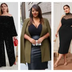 Idées de tenues pour comment s'habiller pour un premier rdv quand on est ronde : combinaison à paillettes, robe noire élégante, ou ensemble chic avec cape.