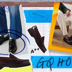 Des mocassins costume, parfaits pour un look chic. Ces chaussures élégantes sont mises en avant dans un montage graphique.