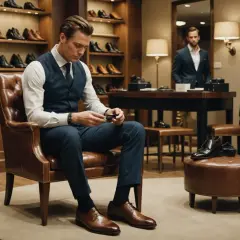 Un homme élégant en costume bleu marine, assis dans un fauteuil en cuir, réfléchit à comment porter des derbies homme. Des chaussures sont exposées dans la boutique.