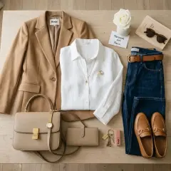 Un ensemble chic pour savoir comment s'habiller avec style : blazer camel, chemise blanche, jean, sac à main et mocassins.