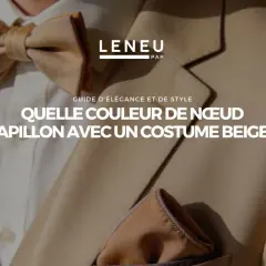 Un homme porte un costume beige avec un nœud papillon assorti. La question "Quelle couleur de nœud papillon avec un costume beige ?" est affichée.