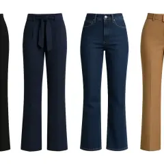 Quatre pantalons : noir, bleu marine à ceinture, jean évasé, et camel à boucle. Quel pantalon pour quelle morphologie ?