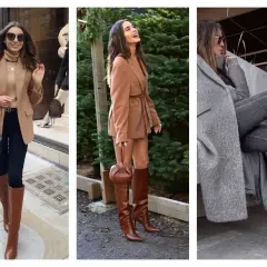 Trois femmes montrent comment porter des bottes hautes marrons avec des blazers et des manteaux pour un look chic.
