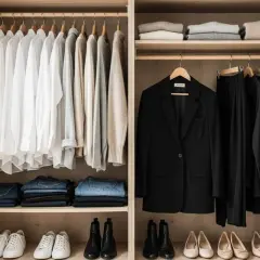 Une garde robe idéale : chemises blanches, pulls neutres, jeans, blazer noir et pantalons assortis. Des chaussures minimalistes complètent l'ensemble.