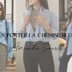 Trois femmes portent une chemise bleu ciel. L'une est avec une jupe à carreaux, l'autre avec un col roulé et un jean, et la troisième avec un pantalon noir.