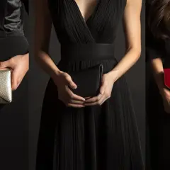 Trois pochettes élégantes : dorée, noire et rouge, parfaits accessoires pour mettre avec une robe noire.