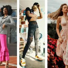 Trois femmes stylées. L'une porte un blazer gris et un pantalon rose évasé. Une autre, un crop top noir, un jean déchiré et une chaussure avec short homme colorée. La troisième, une robe longue pêche.