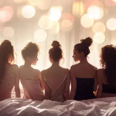 Sept femmes menues, dos tournés, assises sur un lit, dans une ambiance lumineuse et douce.