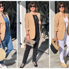 Une femme porte un blazer beige avec trois tenues différentes : une combinaison en jean, un tailleur noir et un pantalon blanc. C'est quoi un blazer ? C'est une veste chic et polyvalente.