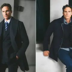 Homme élégant en manteau sombre, col classique, sur un costume ou un pull et jean.