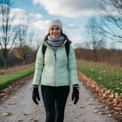 Une femme en doudoune légère, bonnet et écharpe, parfaite pour savoir comment s'habiller quand il fait 11 degrés. Elle marche sur un chemin bordé de feuilles d'automne.