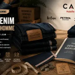 Guides sur la culture denim et le jean homme, avec des piles de jeans bleus foncés et un manuel sur le denim.
