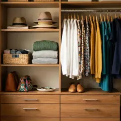 Un dressing organisé pour savoir comment trier ses vêtements : chapeaux, pulls pliés, paniers de chaussettes, sacs, et vêtements suspendus par couleur.