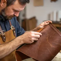 Artisan examine un cuir brun, vérifiant sa texture pour savoir si c'est du vrai cuir.