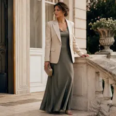 Une femme élégante porte un blazer crème sur une robe longue kaki, tenant une pochette dorée. Elle se tient sur un escalier en pierre devant une villa.