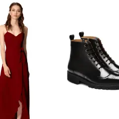 Une femme porte une robe bordeaux fendue. À côté, une paire de bottines noires vernies à lacets. Quelles bottines avec une robe ?
