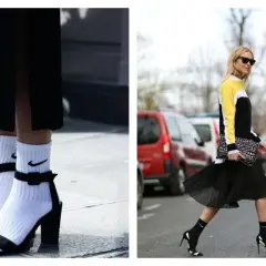 Deux looks audacieux : chaussette par-dessus chaussure avec des sandales à talons et une autre avec des escarpins.