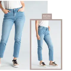 Découvrez quel jean pour quelle morphologie. Un jean mom bleu clair, coupe droite, parfait pour un look casual.